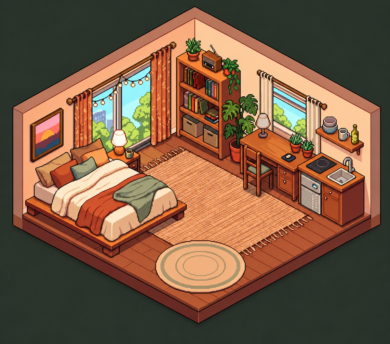 A cozy pixel-art bedroom